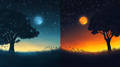 Dual moonlit trees dividing cool night and warm dusk.