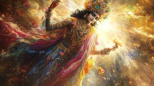 Divine figure in ornate attire radiates light and colored petals