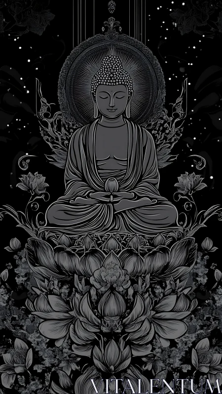 Serene Buddha meditates amid ornate lotus blooms in night silence