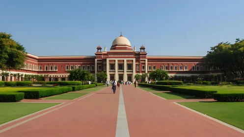 Symmetrical domed academic complex with axial landscaped walkway