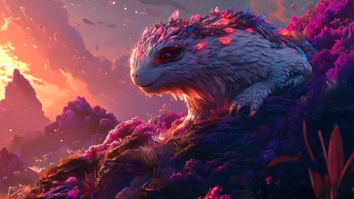 Digital painting of bioluminescent creature in alien duskscape.