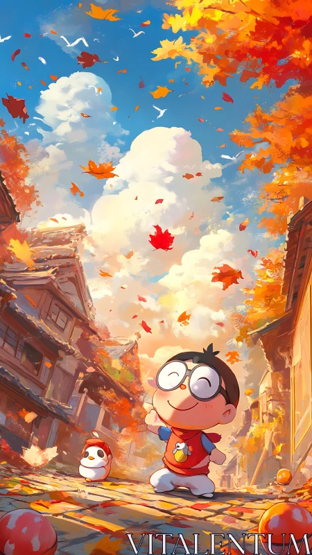 Joyful anime child under swirling autumn leaves street scene.