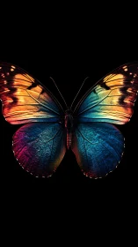 Symmetrical multicolor butterfly is centered on black background