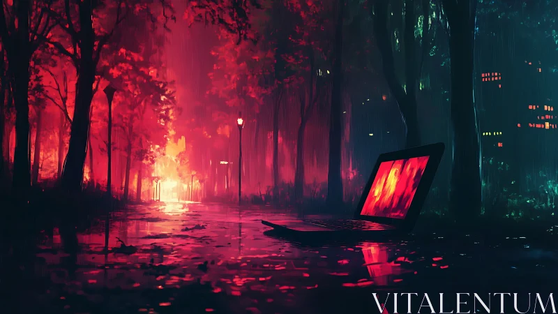 Laptop in neon-lit flooded forest with cinematic red glow