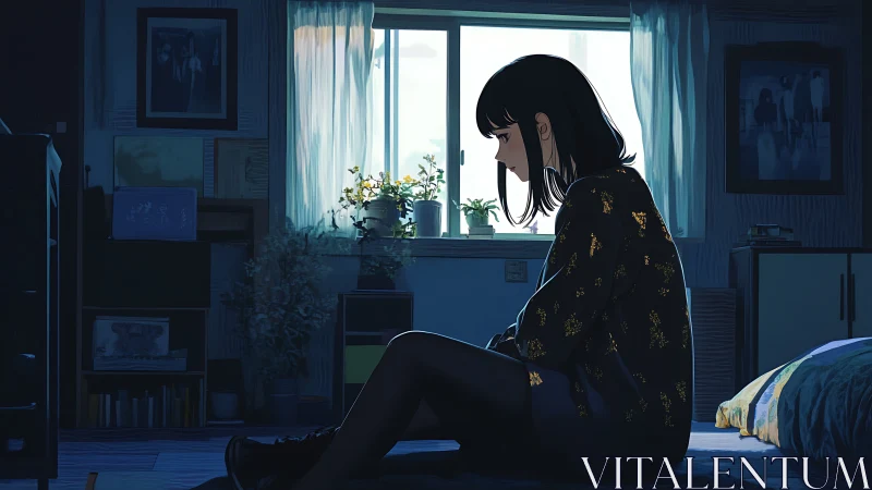 Young woman sitting alone in a dim blue bedroom.