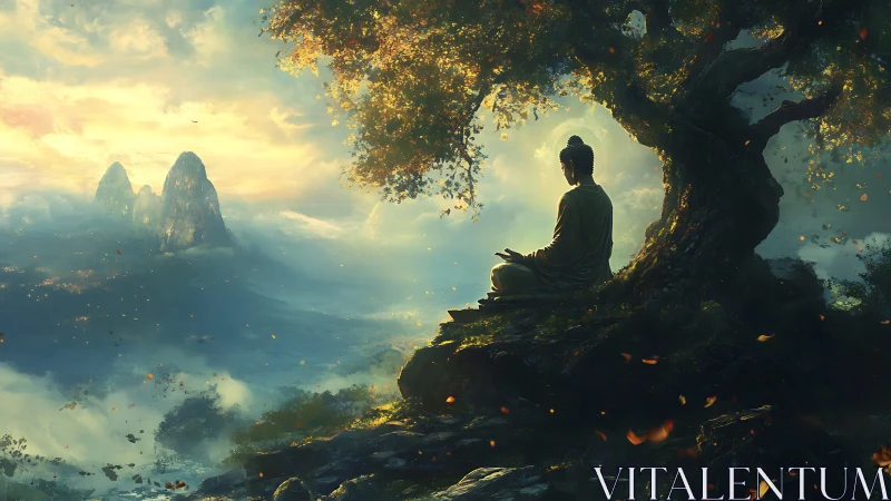 Buddha meditates beneath ancient tree at sunrise plateau.