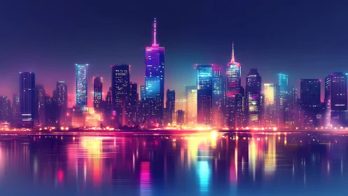 Neon skyline shimmers above tranquil reflective waters.