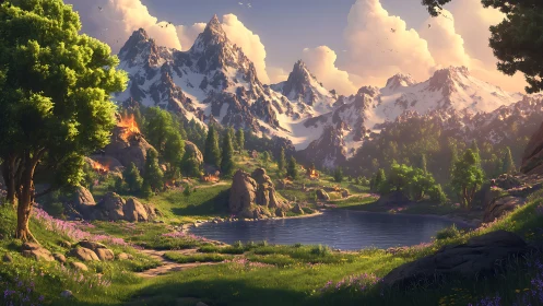 Sunlit alpine lake valley with snow peaks and forest glade