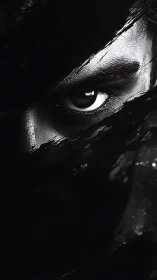 Glimmering eye through torn darkness in stark monochrome.