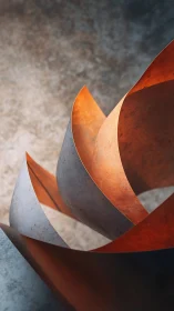 Curved oxidized metal ribbons form an abstract sculptural helix