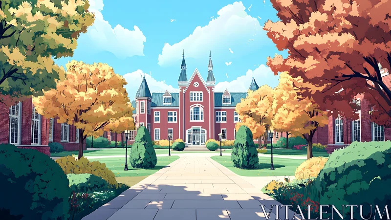 Golden campus courtyard welcomes students beneath bright skies