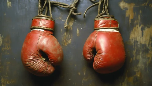Vintage Boxing Gloves Suspended. Worn Leather Equipment.