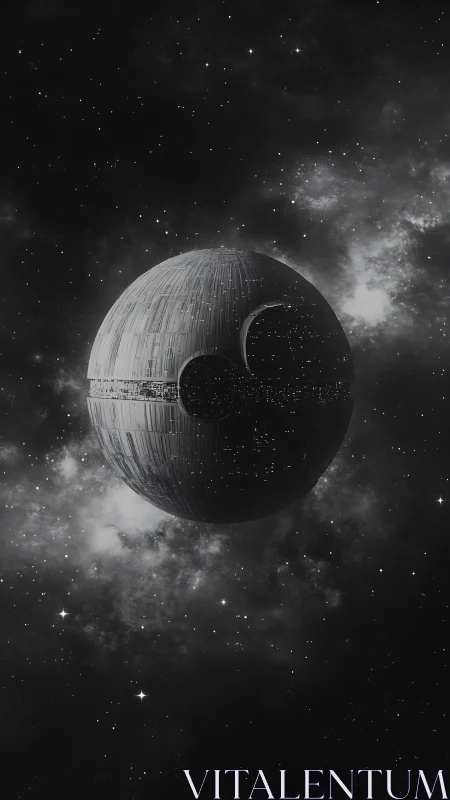 Spherical armored space station floats in dense starfield