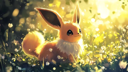 Eevee sits in backlit meadow with diffuse warm lighting