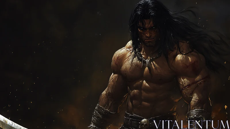 Battle-scarred barbarian stalks through ember-choked gloom.