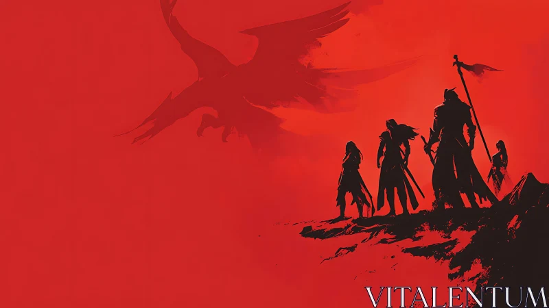 Silhouetted figures stand on rocky ridge beneath large dragon