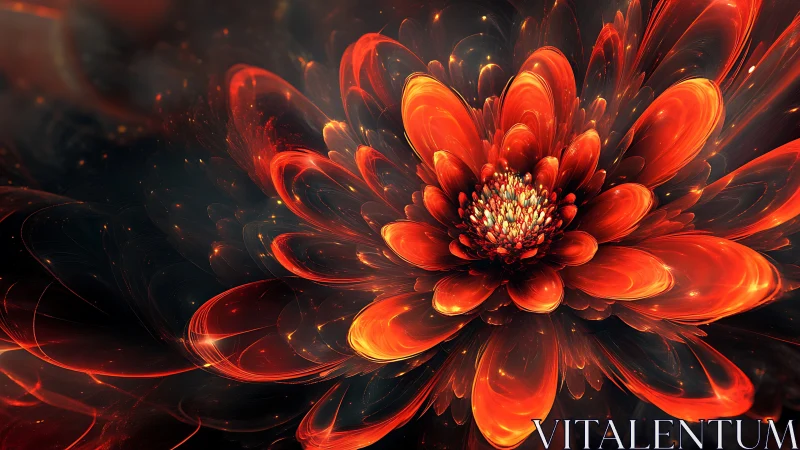 Radial fractal chrysanthemum renders layered translucent petals in fire tones