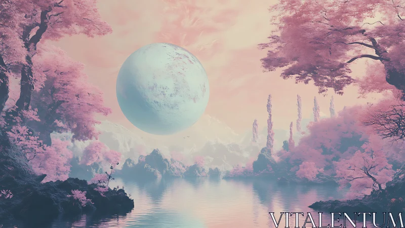 Surreal pastel landscape with floating pale blue sphere.