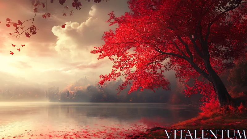 Red-leaved tree beside misty lake under soft clouded sky.