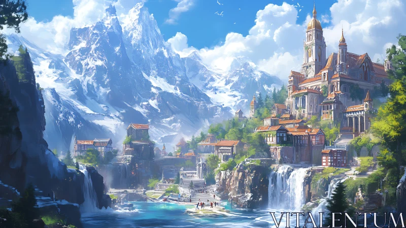 High-altitude fantasy citadel above terraced alpine waterfalls