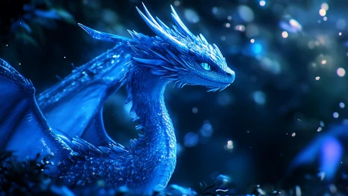 Moonlit blue dragon resting in a quiet enchanted glade.