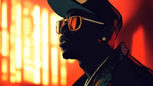 Neon backlit hip-hop portrait in high-contrast vector profile