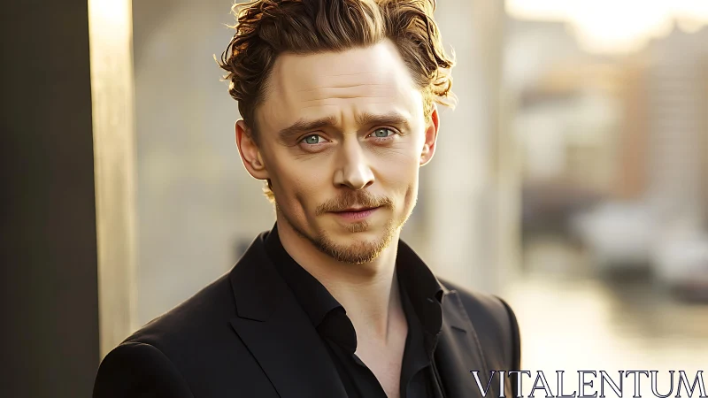 Photorealistic male portrait in black suit at golden hour