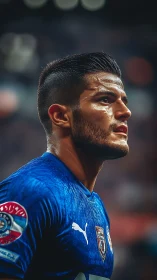 Focused footballer under stadium lights in blue kit.
