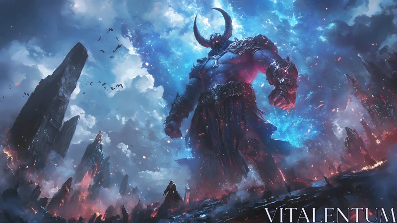 Colossal horned guardian strides through a burning skyland.