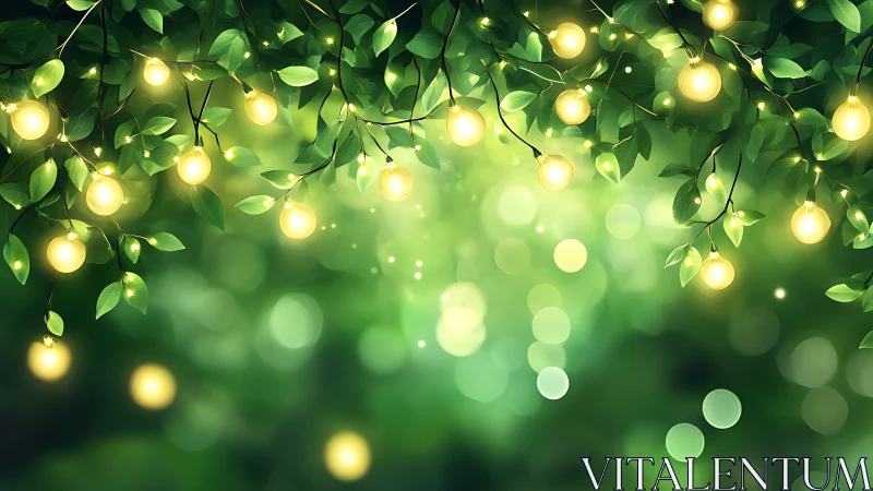 Glowing garden lanterns twinkling through soft summer leaves.