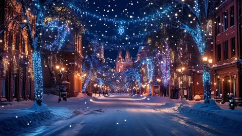 Snowlit boulevard hums softly beneath jeweled winter lights