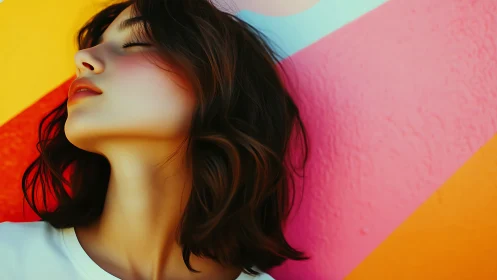 Profile of young woman before diagonal multicolor wall.