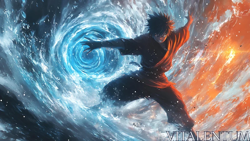 Anime warrior commands raging water vortex and firestorm.