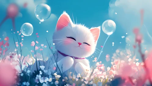 White Cat Among Pink Flowers and Soap Bubbles