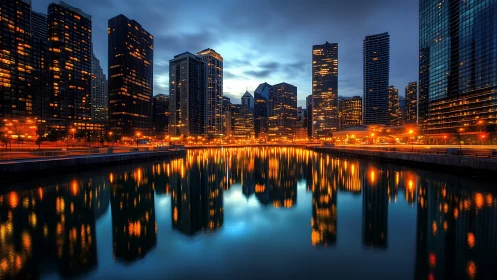 Twilight city skyline with river reflections and high-rise lights