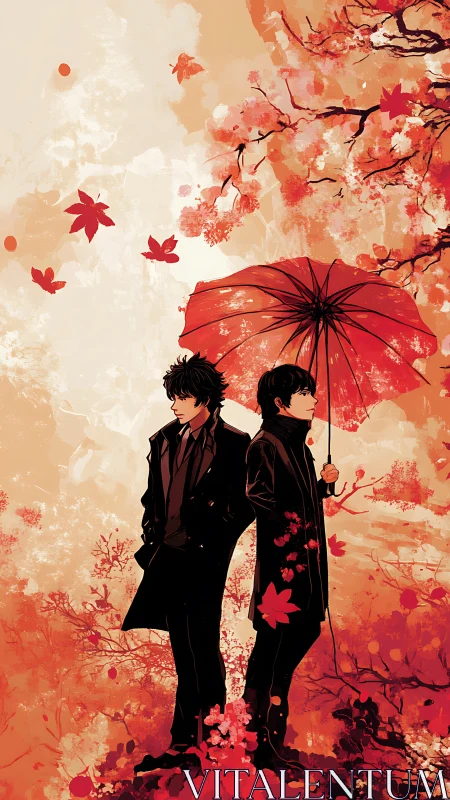 Quiet companions beneath crimson autumn leaves and umbrella.
