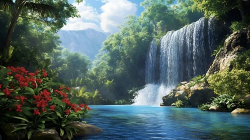 Emerald canyon breathes as silver waterfalls kiss blue pool