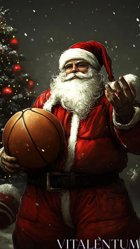Santa Claus in dynamic basketball pose under snowfall illumination.