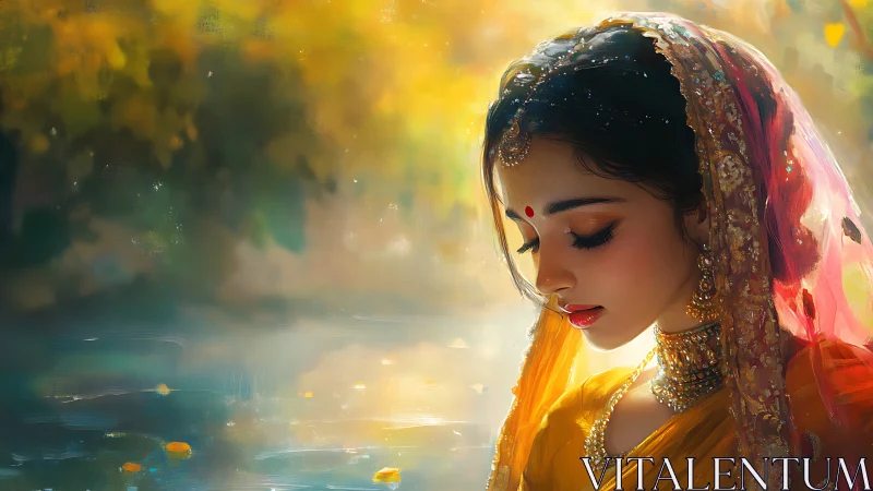 Young woman in traditional attire stands by reflective water