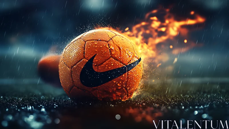 Wet orange soccer ball with flame trail on rainy field.