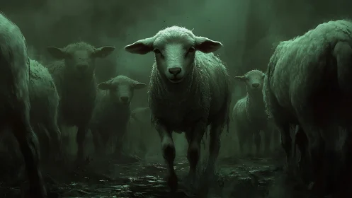Sheep stand in dense green fog with one central figure