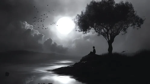 Monochrome moonlit lakeside silhouette with solitary figure.
