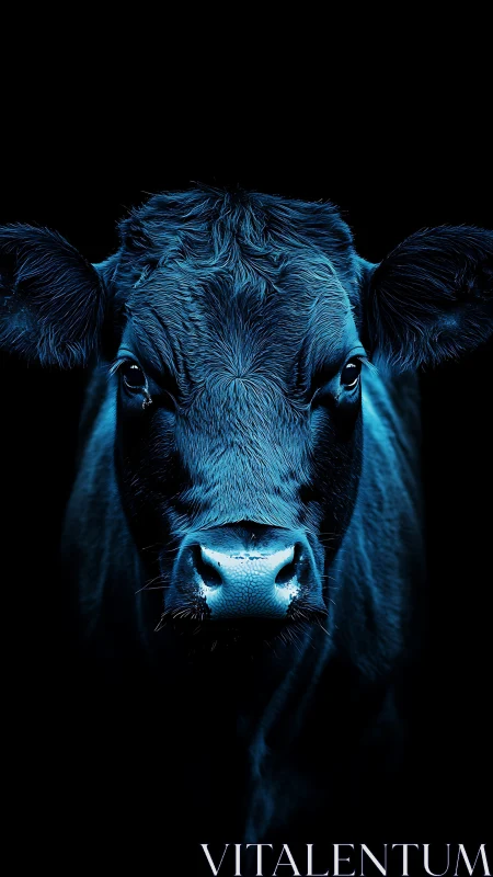 Blue side-lit cow portrait fills vertical black background