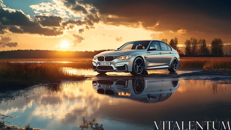 Silver sports sedan reflects in golden sunset wetlands.