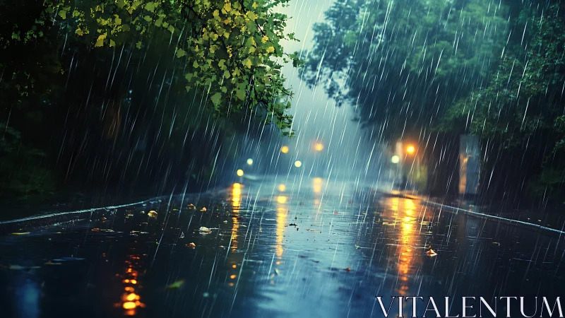 Rain-soaked city street glows under blurred evening lights.