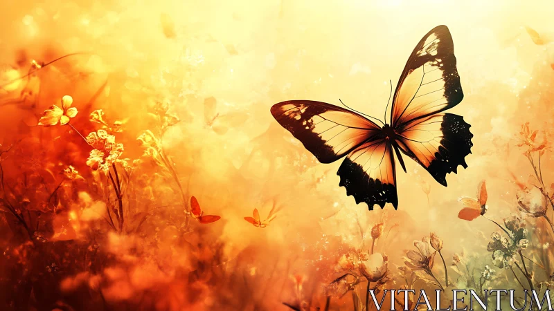 Butterfly in backlit orange meadow with soft floral forms.