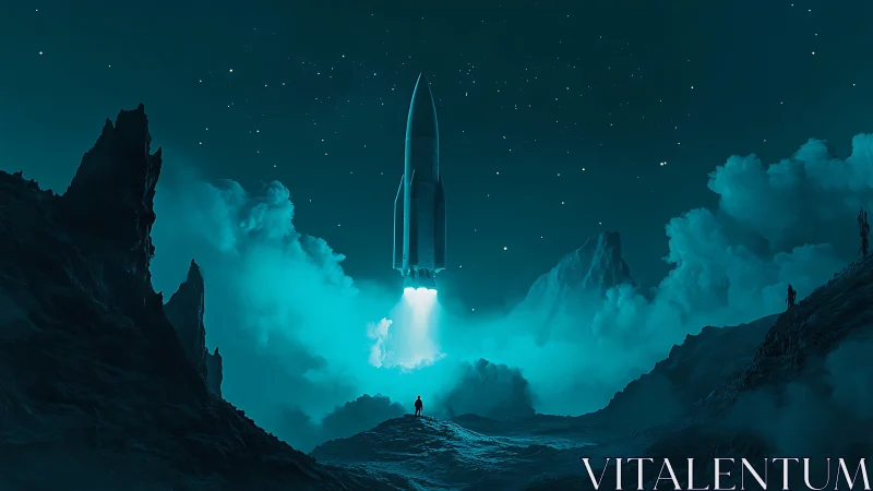Vertical rocket launch over rugged terrain is depicted here