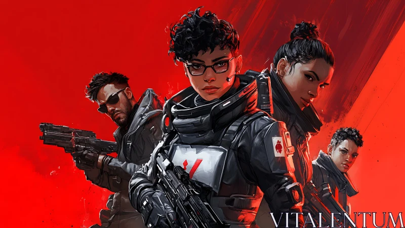 Four armed sci fi soldiers in black armor on red field.