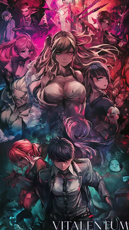 Dynamic multi-character anime collage under neon chromatic lighting