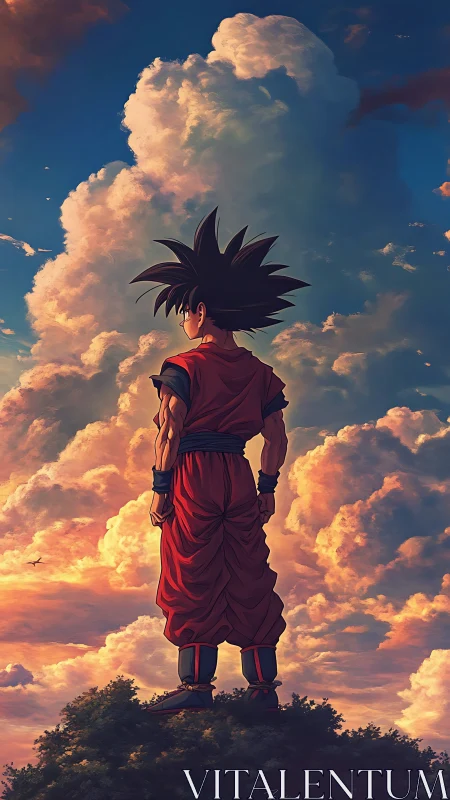 Skyward warrior pausing beneath thunder-soft cotton clouds.